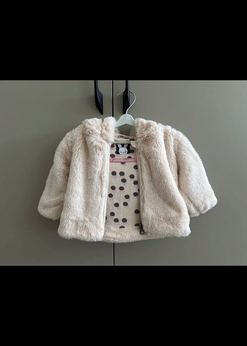 3-6 Ay Beden Kız Çocuk Bej Kapüşonlu Kürklü Mont (3-6 ay/62-68 cm)