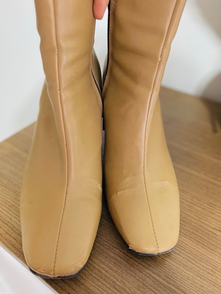 Bej Deri Kadın Botlar Fermuarlı Topuklu - Görsel 3