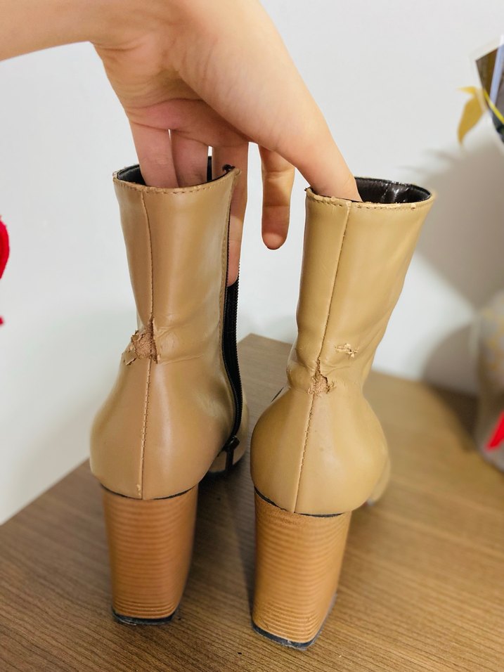 Bej Deri Kadın Botlar Fermuarlı Topuklu - Görsel 4