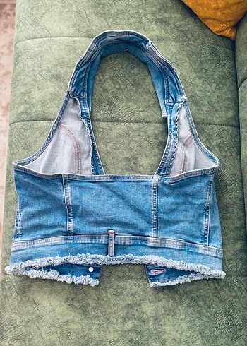 Mavi Bağlama Desenli Düğmeli Kot Yelek - Görsel 2