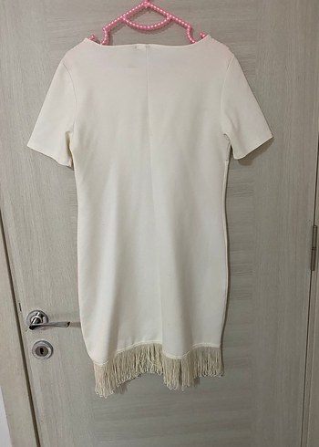 Püsküllü Beyaz Mini Kadın Elbise - Görsel 3