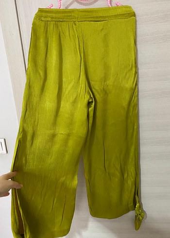 Kadın Yeşil Keten Pilili Salaş Pantolon - Görsel 2