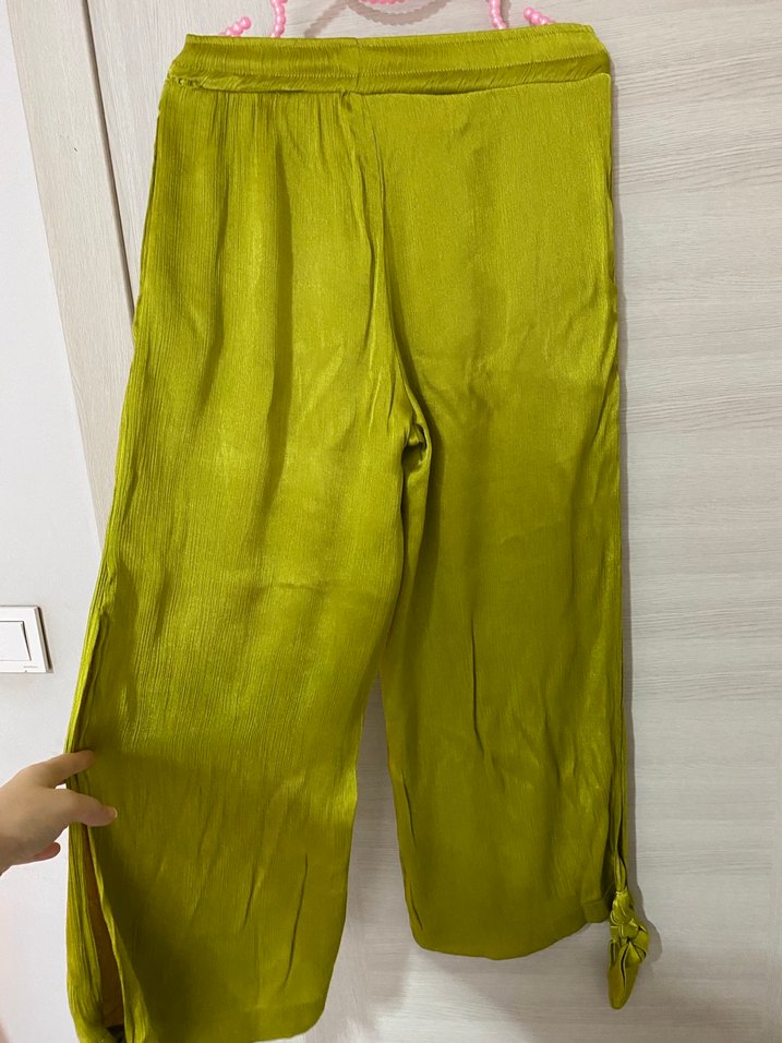 Kadın Yeşil Keten Pilili Salaş Pantolon - Görsel 2