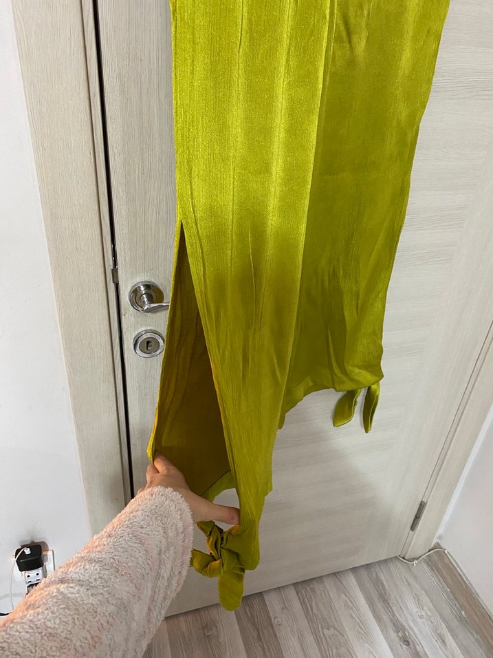 Kadın Yeşil Keten Pilili Salaş Pantolon - Görsel 3