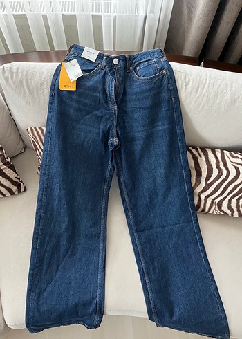 H&M Koyu Mavi Genis Paca Denim Jean