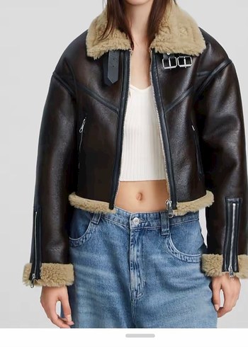 Bershka Kürklü Kahverengi Deri Biker Ceket