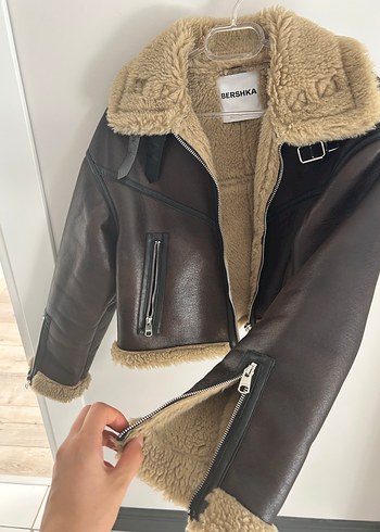 m Beden Bershka Kürklü Kahverengi Deri Biker Ceket