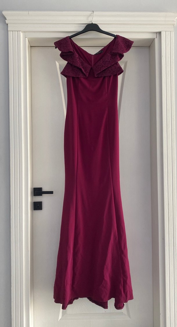 Bordo V Yaka Uzun Abiye Elbise - Görsel 4