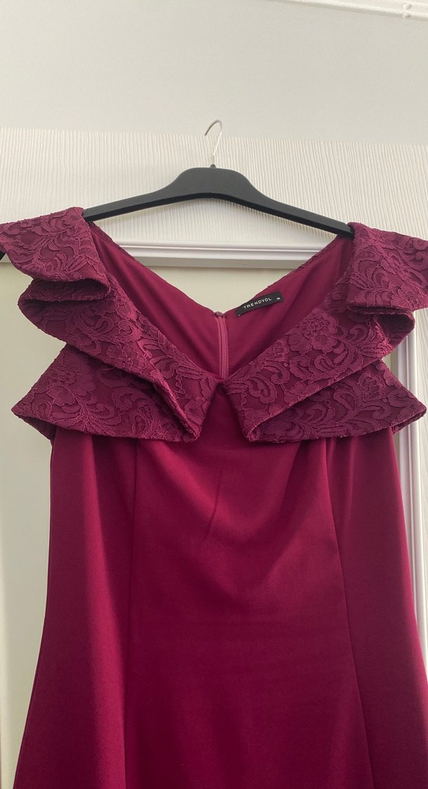 Bordo V Yaka Uzun Abiye Elbise - Görsel 3