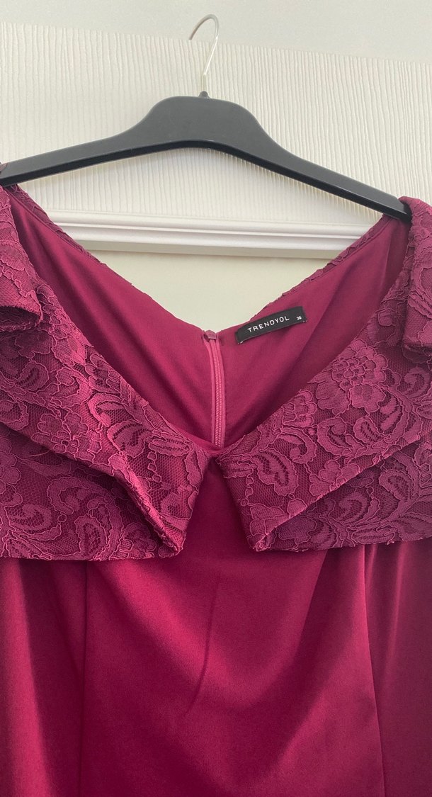 Bordo V Yaka Uzun Abiye Elbise - Görsel 2