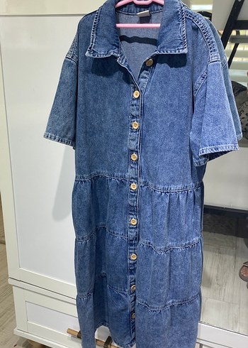 11-12 Yaş Beden Düğmeli Mavi Kadın Denim Elbise
