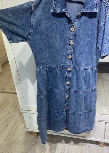 Düğmeli Mavi Kadın Denim Elbise