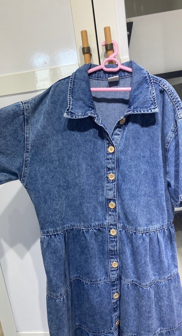 Düğmeli Mavi Kadın Denim Elbise - Görsel 2