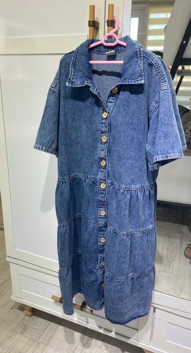 Düğmeli Mavi Kadın Denim Elbise - Görsel 3