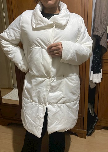 Düğmeli Beyaz Midi Kadın Kışlık Mont - Görsel 3