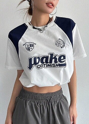 Beyaz-Lacivert Crop Bluz - Görsel 7