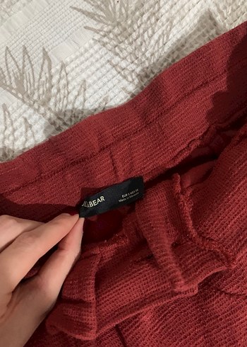 Stradivarius Düğmeli Bordo Keten Mini Etek - Görsel 2