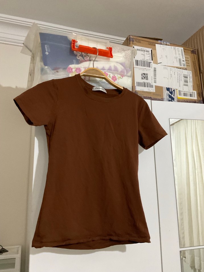 Kahverengi Pamuklu Kısa Kollu crop - Görsel 3