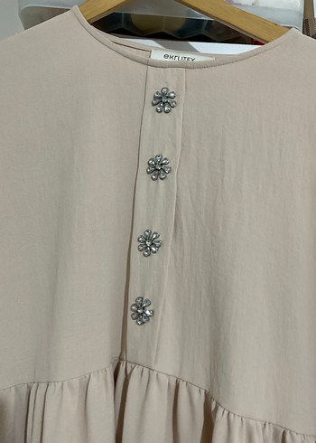 Bej Düğmeli Midi Keten Tunik takım - Görsel 3