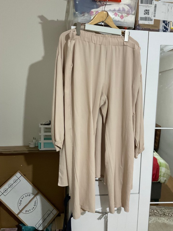 Bej Düğmeli Midi Keten Tunik takım - Görsel 5