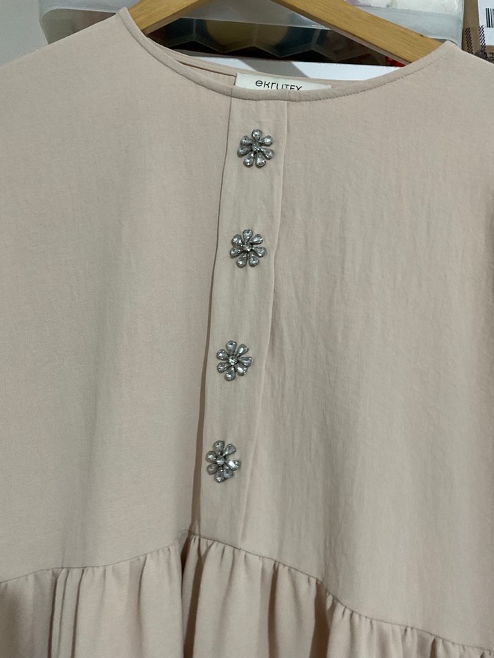 Bej Düğmeli Midi Keten Tunik takım - Görsel 3