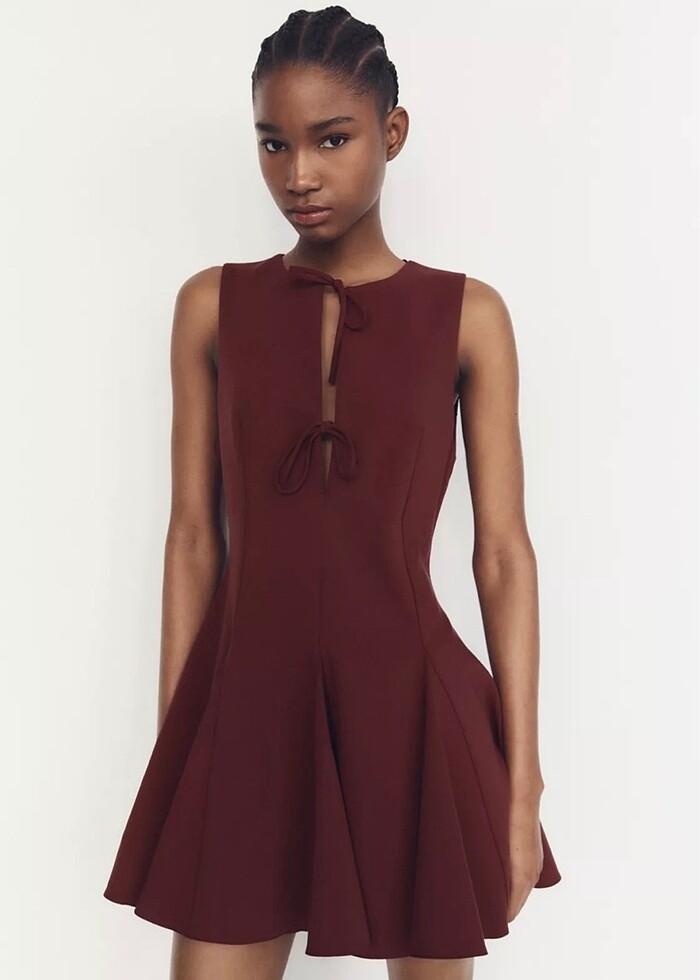 Zara Bordo Fiyonklu kısa elbise - Görsel 2