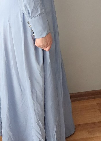 Mavi Keten Uzun Drapeli Kadın Elbise 40 42 bedene uyumludur - Görsel 2