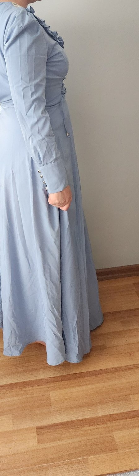 Mavi Keten Uzun Drapeli Kadın Elbise 40 42 bedene uyumludur - Görsel 2