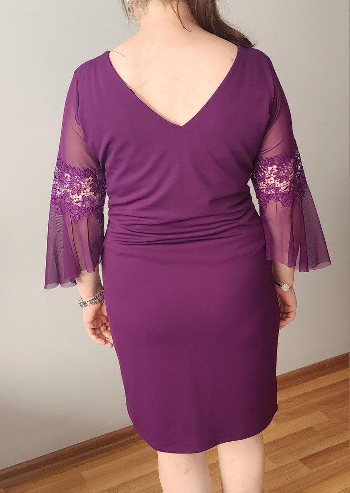 Mor V Yakalı Midi Abiye Elbise - Görsel 3