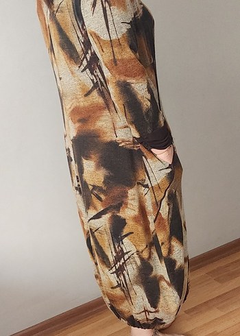 Kahverengi Batik Desenli Uzun Triko Elbise - Görsel 2