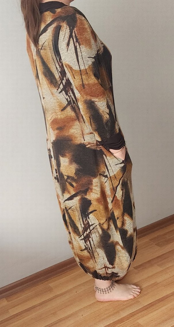 Kahverengi Batik Desenli Uzun Triko Elbise - Görsel 2