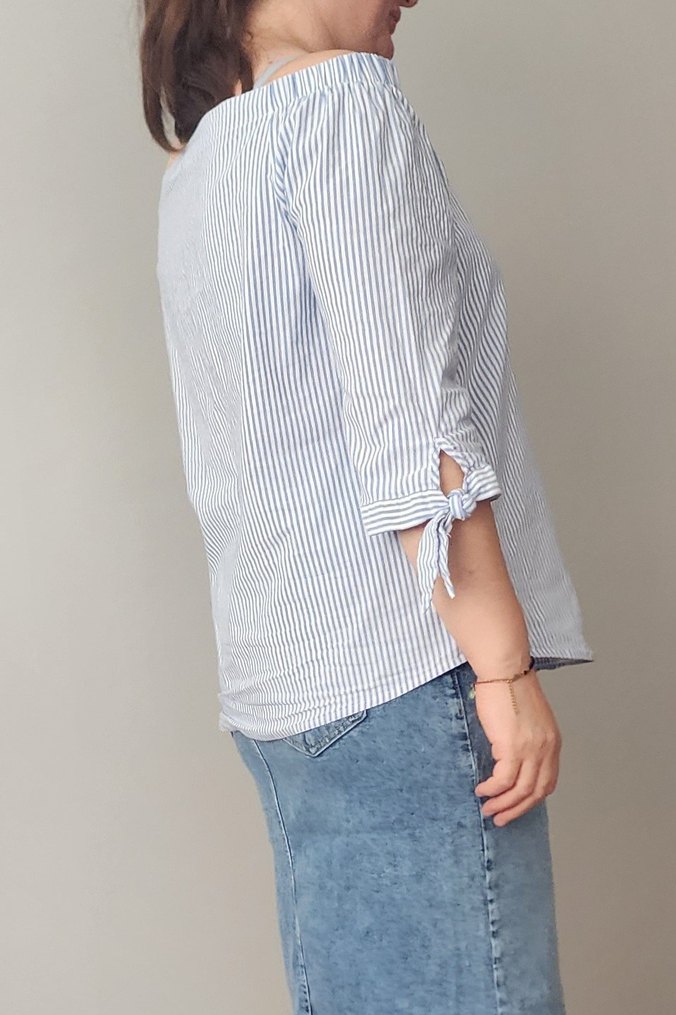 Düğmeli Çizgili Denim Bluz 42 44 bedene uyumludur - Görsel 2