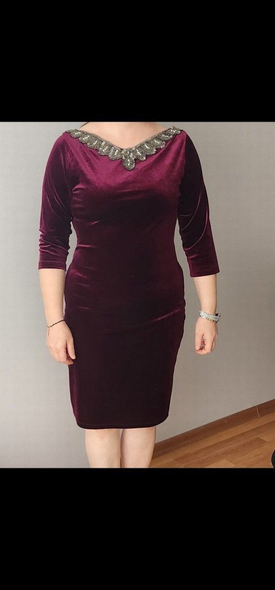 Bordo Süet V Yaka Uzun Kollu Kalem Elbise - Görsel 2