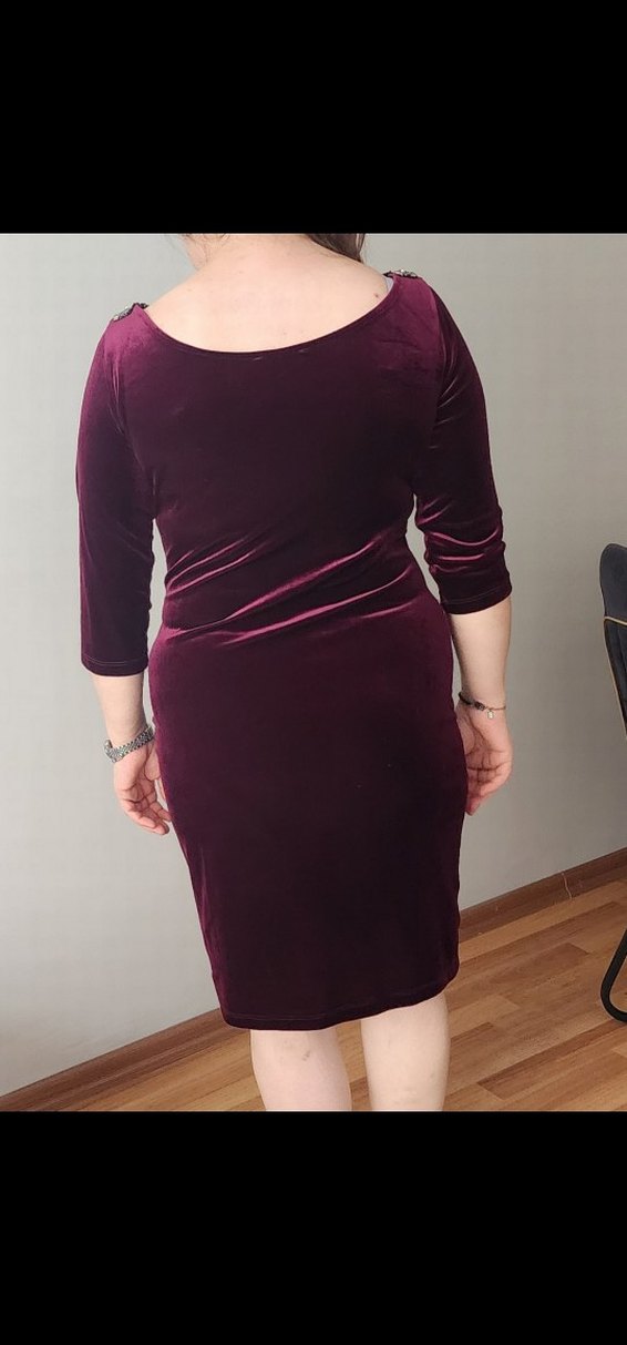 Bordo Süet V Yaka Uzun Kollu Kalem Elbise - Görsel 3