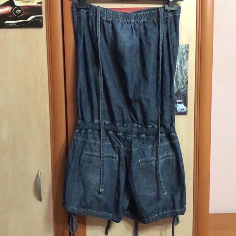 Düğmeli Lacivert Denim Straplez Tulum - Görsel 4