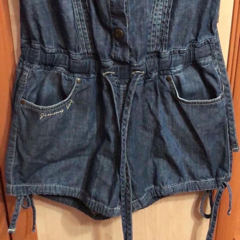Düğmeli Lacivert Denim Straplez Tulum - Görsel 3