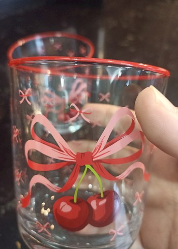 Kırmızı Kurdele ve Kiraz Desenli Bardak Seti - Görsel 2