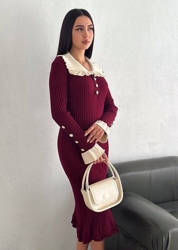 Bordo Uzun Kollu Örme Elbise