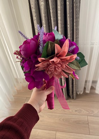 Mor Kurdeleli Bohem Gelin Buketi - Görsel 5