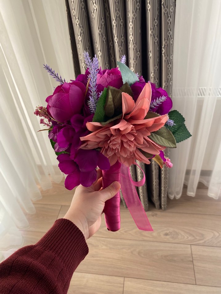 Mor Kurdeleli Bohem Gelin Buketi - Görsel 5