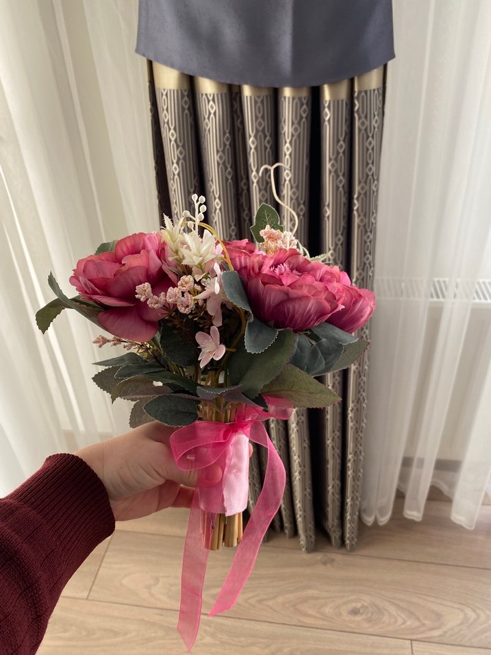 Pembe Kurdeleli Bohem Gelin Buketi - Görsel 4