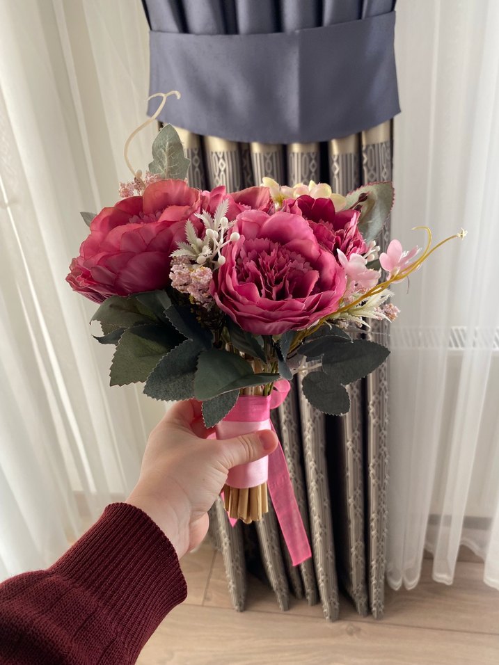 Pembe Kurdeleli Bohem Gelin Buketi - Görsel 5