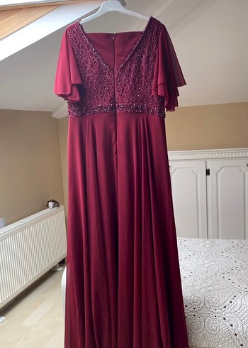 Bordo V Yakalı Uzun Abiye Elbise - Görsel 4