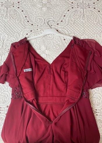 Bordo V Yakalı Uzun Abiye Elbise - Görsel 5