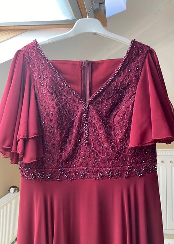 Bordo V Yakalı Uzun Abiye Elbise - Görsel 2