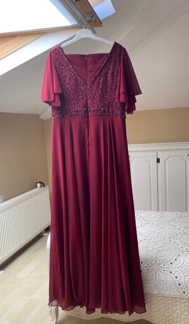 Bordo V Yakalı Uzun Abiye Elbise - Görsel 4