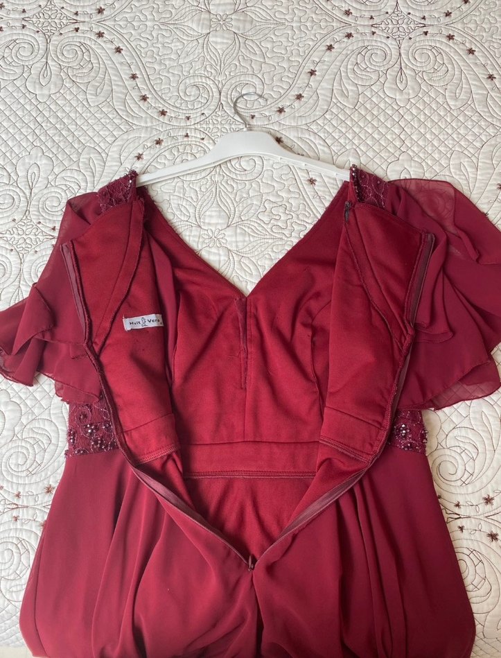 Bordo V Yakalı Uzun Abiye Elbise - Görsel 5