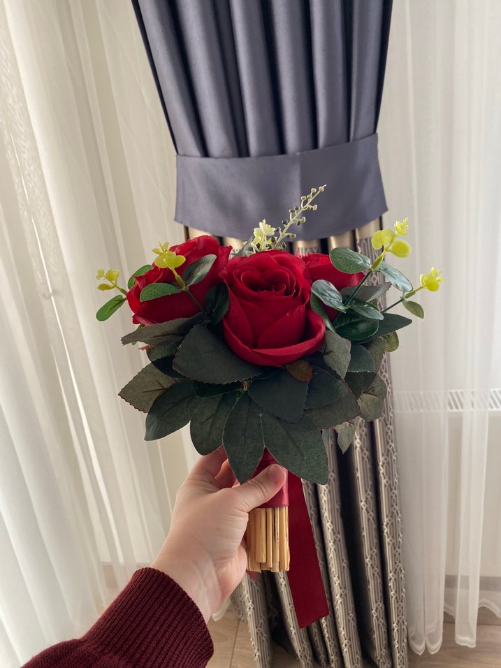 Kırmızı Kurdeleli Çiçekli Gelin Broşu - Görsel 4