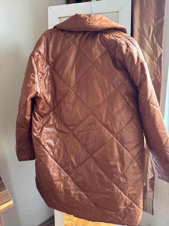 Düğmeli Kahverengi Deri Kadın Mont - Görsel 3