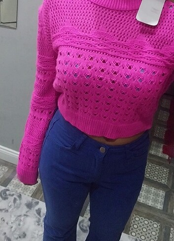 m Beden Crop pembe kazak